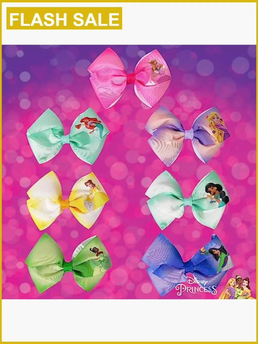 Girls Hair Bows Set 7 Piece Alligator Clips Disney Princess